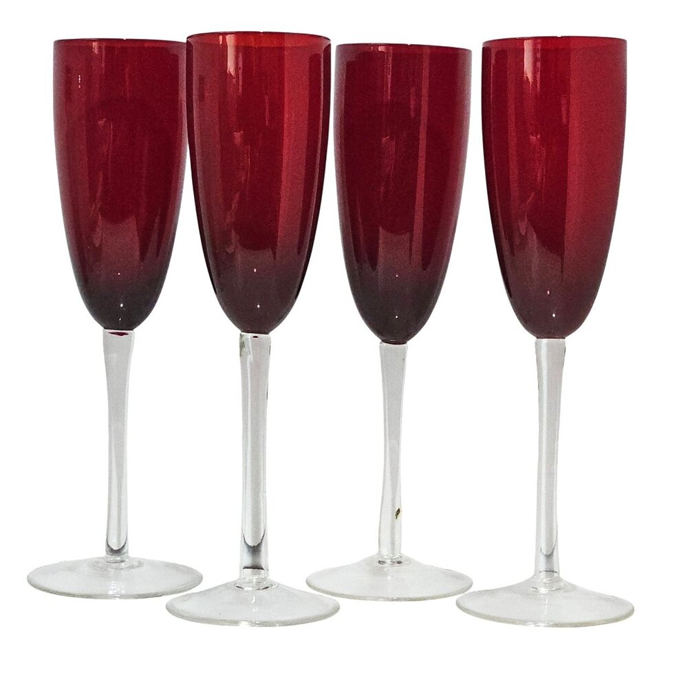 4 Vintage Ruby Red Champagne Flutes Glasses 9.25" crystal 6oz - Picture 1 of 7